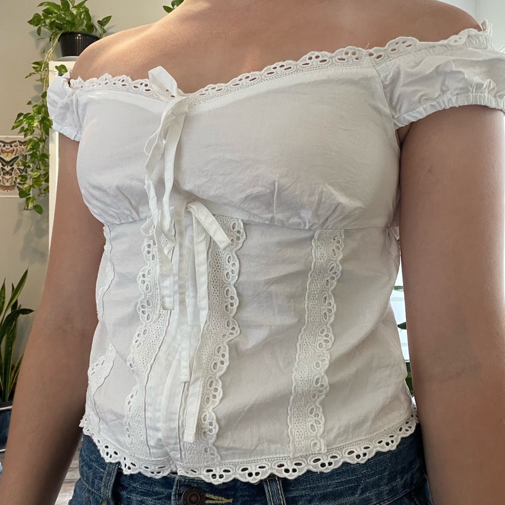 altered white off-shoulder lace trim top